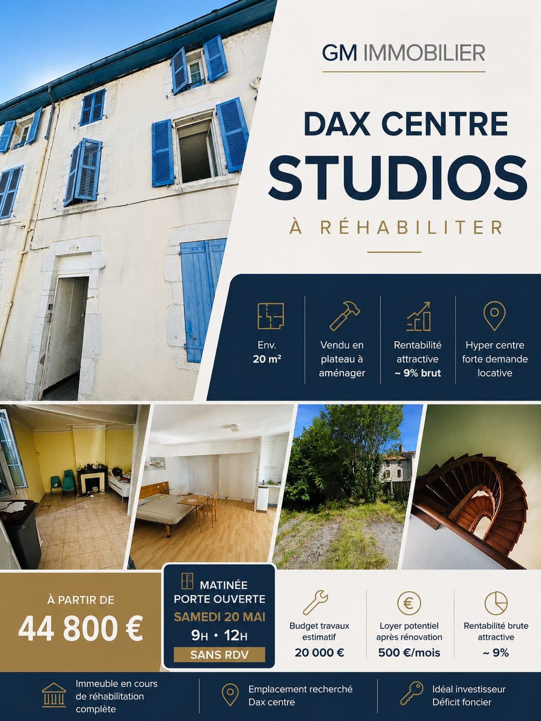 Studio d’environ 20 m² vendu en plateau